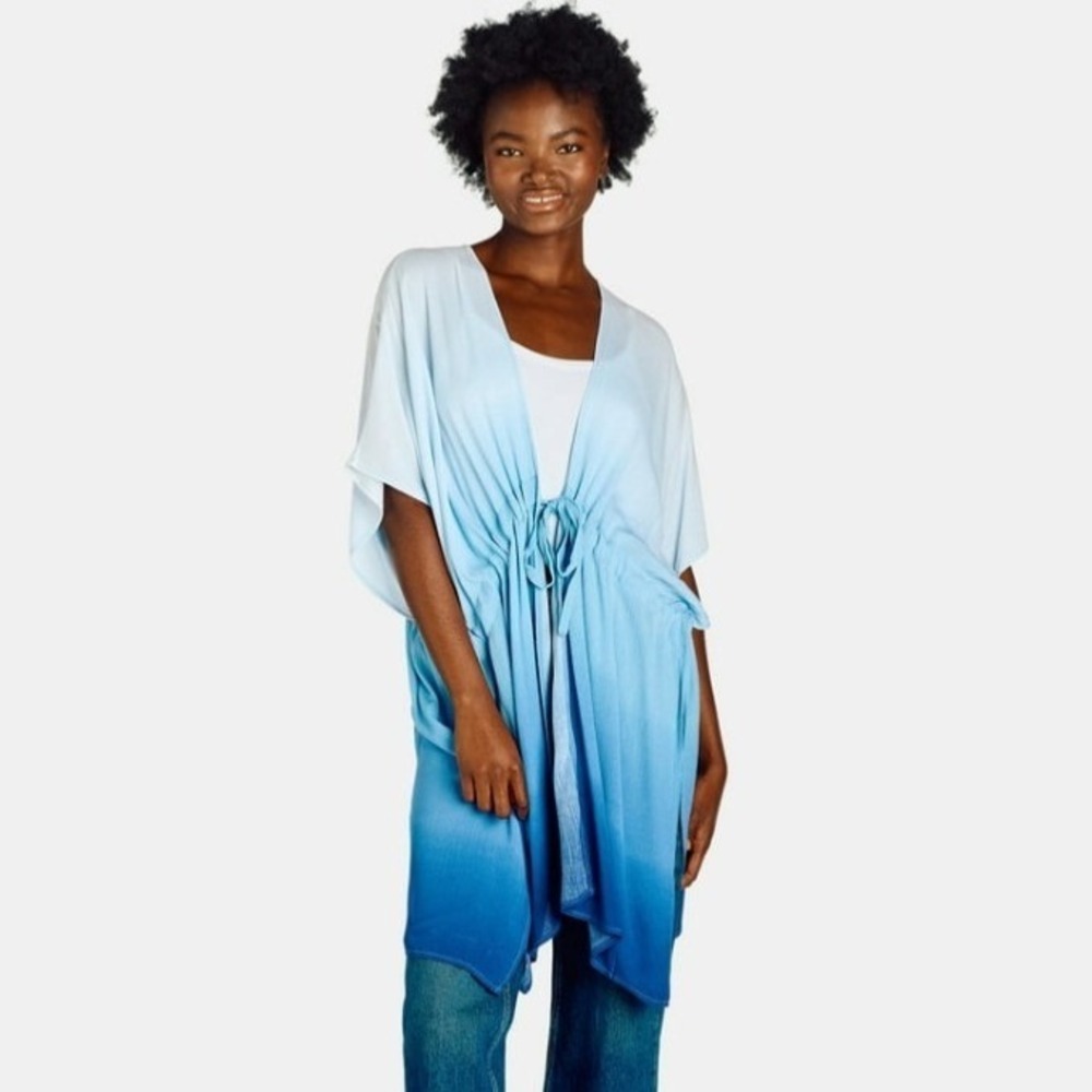 Time and Tru Blue Ombre Tie-Front Ruana Kimono Swim Cover Up XXL XXXL New NWT